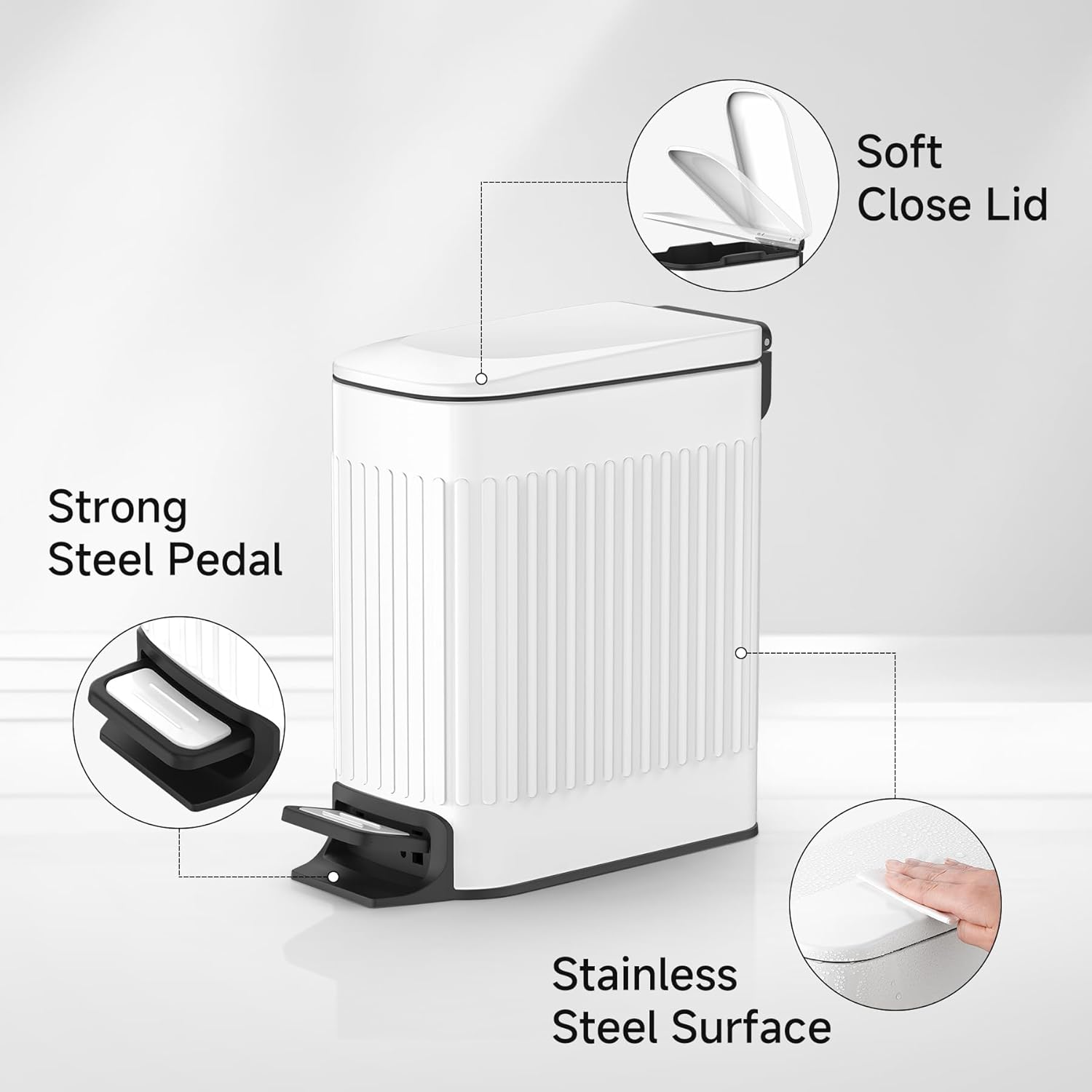 TIPGO Slim Bathroom Trash Can - Soft Close Lid & Step Pedal, 6L Stainless Steel Bin | White