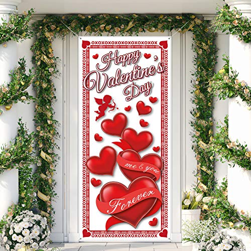 Happy Valentine's Day Door Cover - 78 x 35.4 Inch Red Heart Banner