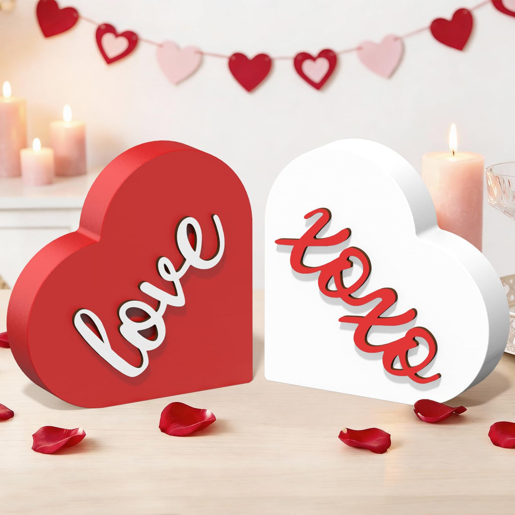 OLANRUN Valentines Day Decorations - 2 Pack Wooden 3D XOXO Love Heart Sign - 4.35 Inch Valentines Day Table Decor - Valentine Decorations for Home Office Bedroom Mantel Tiered Tray Shelf (Red White)