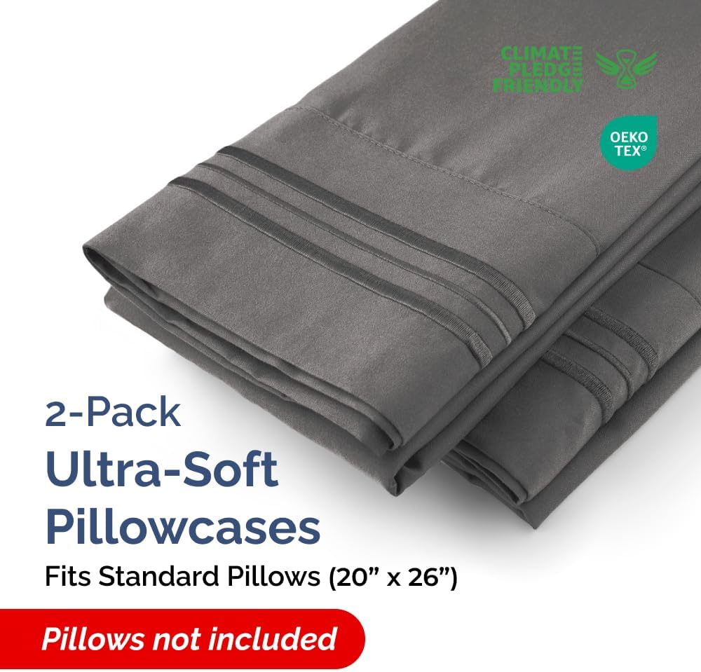 Standard Pillow Cases by Regine Switzerland - Ultra-Soft Hotel Quality - Wrinkle-Free & Stain Resistant - 2 Piece Set in Charcoal