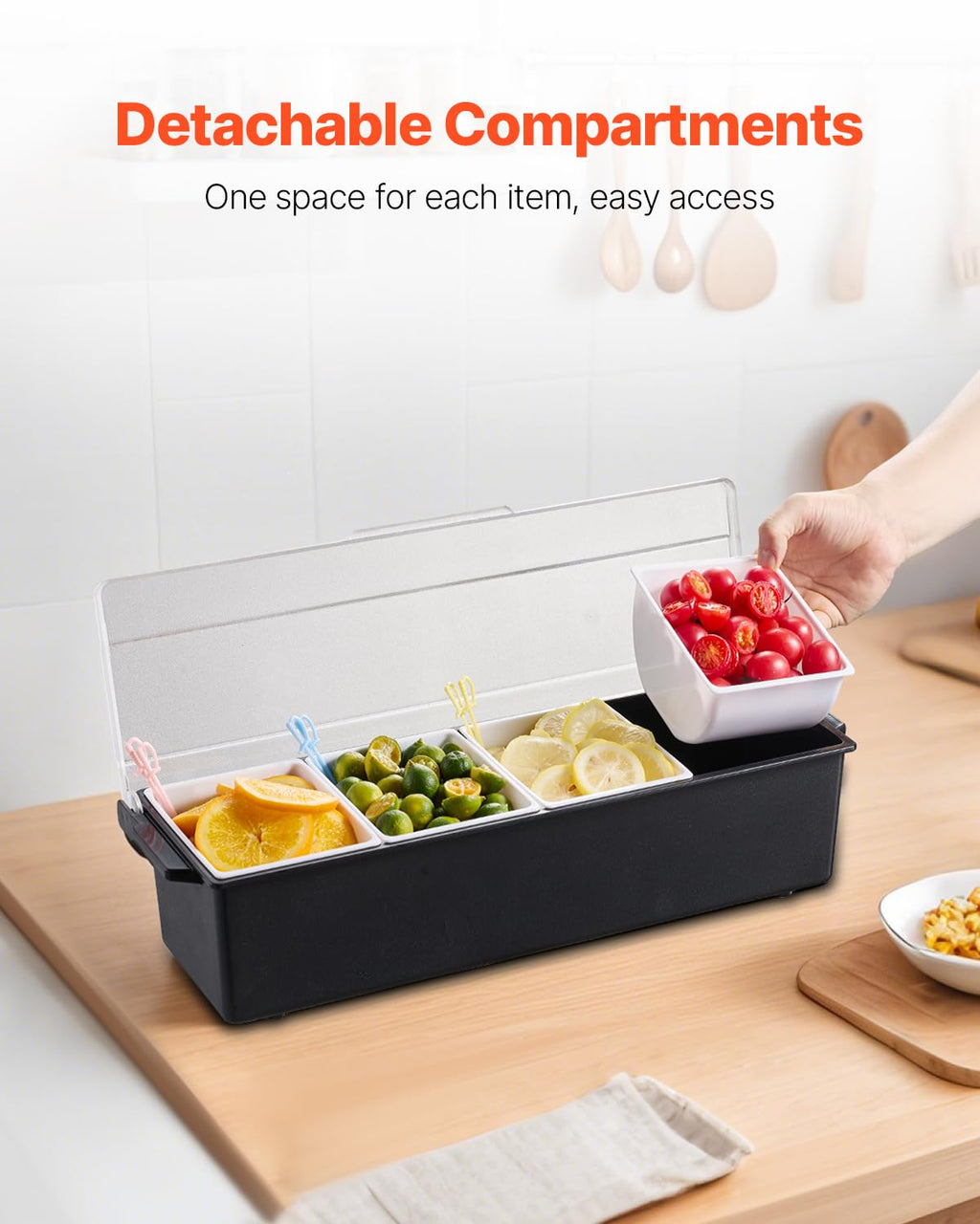 VEVOR Chilled Condiment Server, 4 Compartment Ice Cooled Condiment Serving Container, Chilled Garnish Tray Bar Caddy with Lid, for Bartending & Serving Taco, Salad, Fruit, Home & Restaurant Supplies