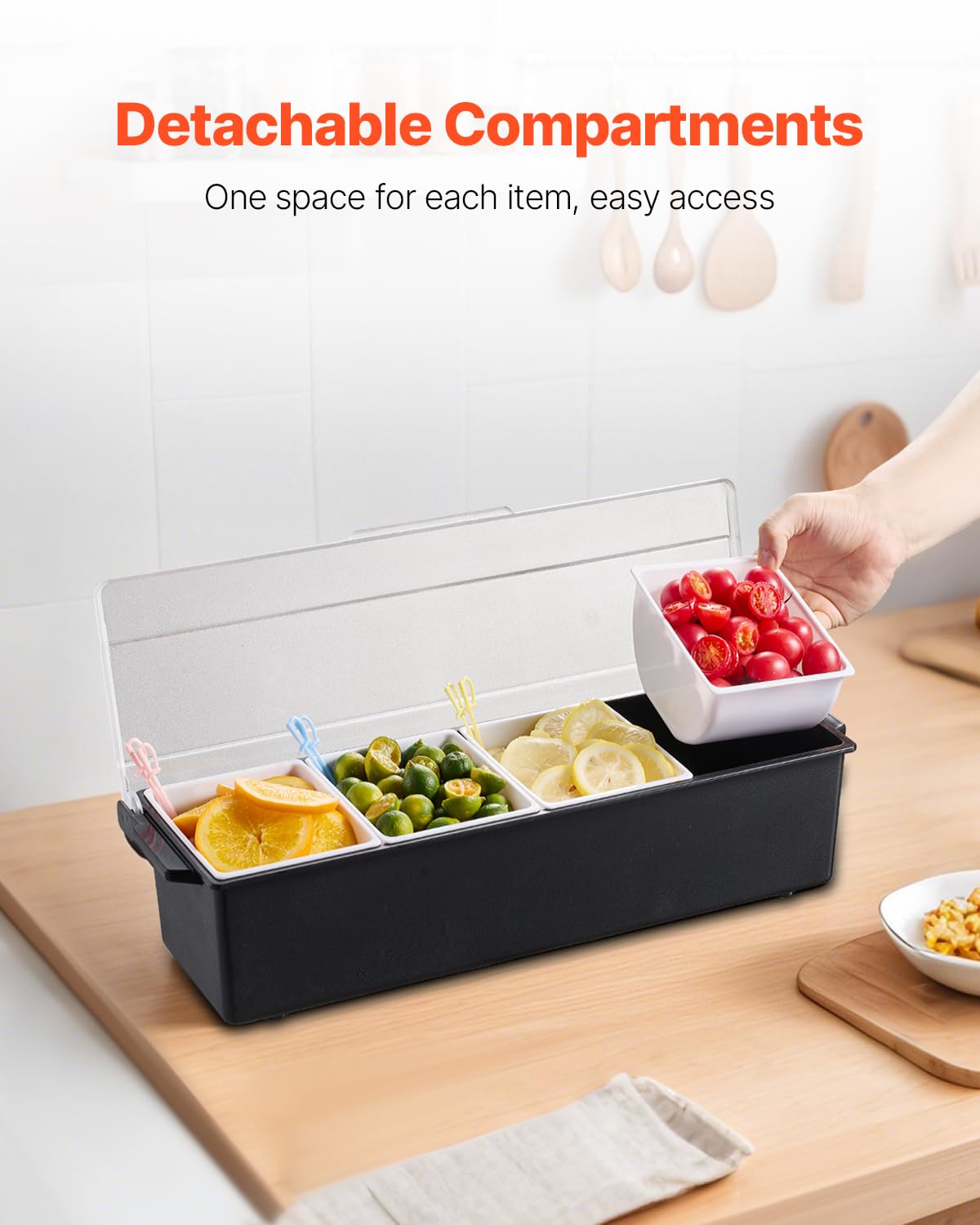 VEVOR Chilled Condiment Server, 4 Compartment Ice Cooled Condiment Serving Container, Chilled Garnish Tray Bar Caddy with Lid, for Bartending & Serving Taco, Salad, Fruit, Home & Restaurant Supplies