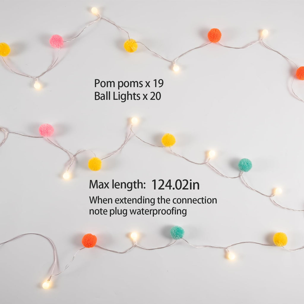 LED Pom Poms Fairy Lights - 21Feet, 20 LED, Battery Operated, Warm White Globe Lights Cute for Home,Kids Playhouse, Holiday, Christmas, Kids Room Party Birthday Wedding Valentines Decorations
