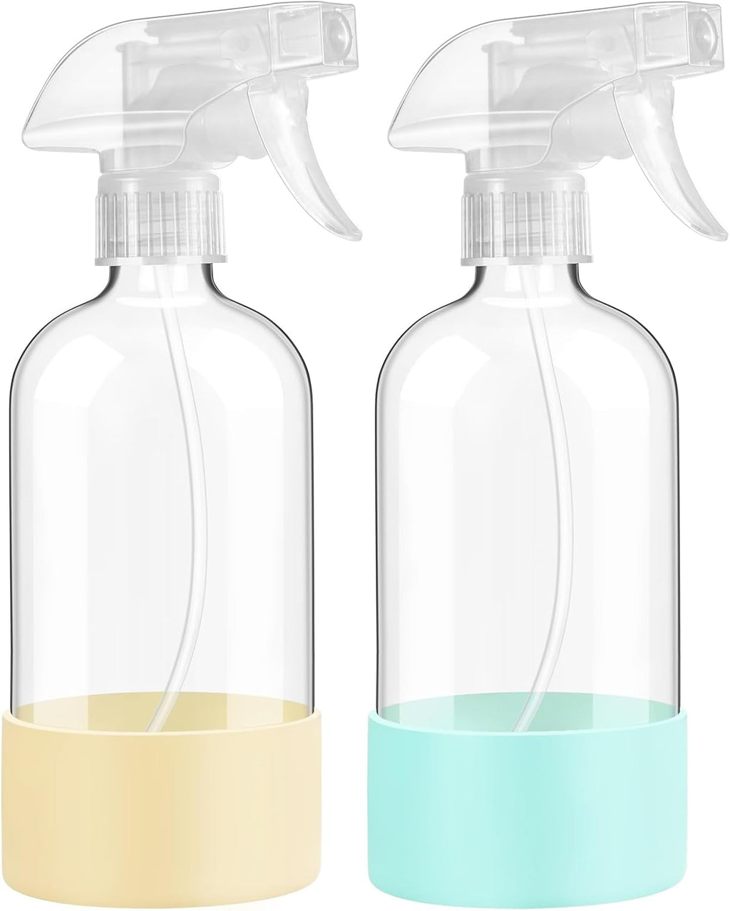 Skiennix Glass Spray Bottles - 16 oz Reusable with Silicone Sleeve & Adjustable Nozzle | 2 Pack in Pale Yellow & Mint Green