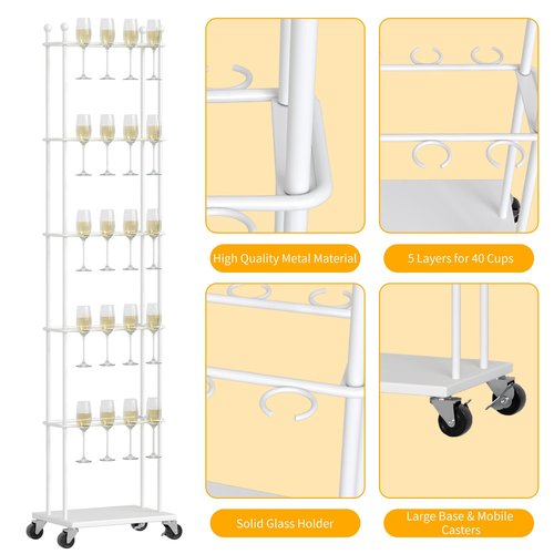 lukar Champagne Wall,Champagne Wall Holder for Party,5-Tier Metal Champagne Wall Stand with Wheels,40 Wine Glass Stand for Wedding,Party,Celebration(White)