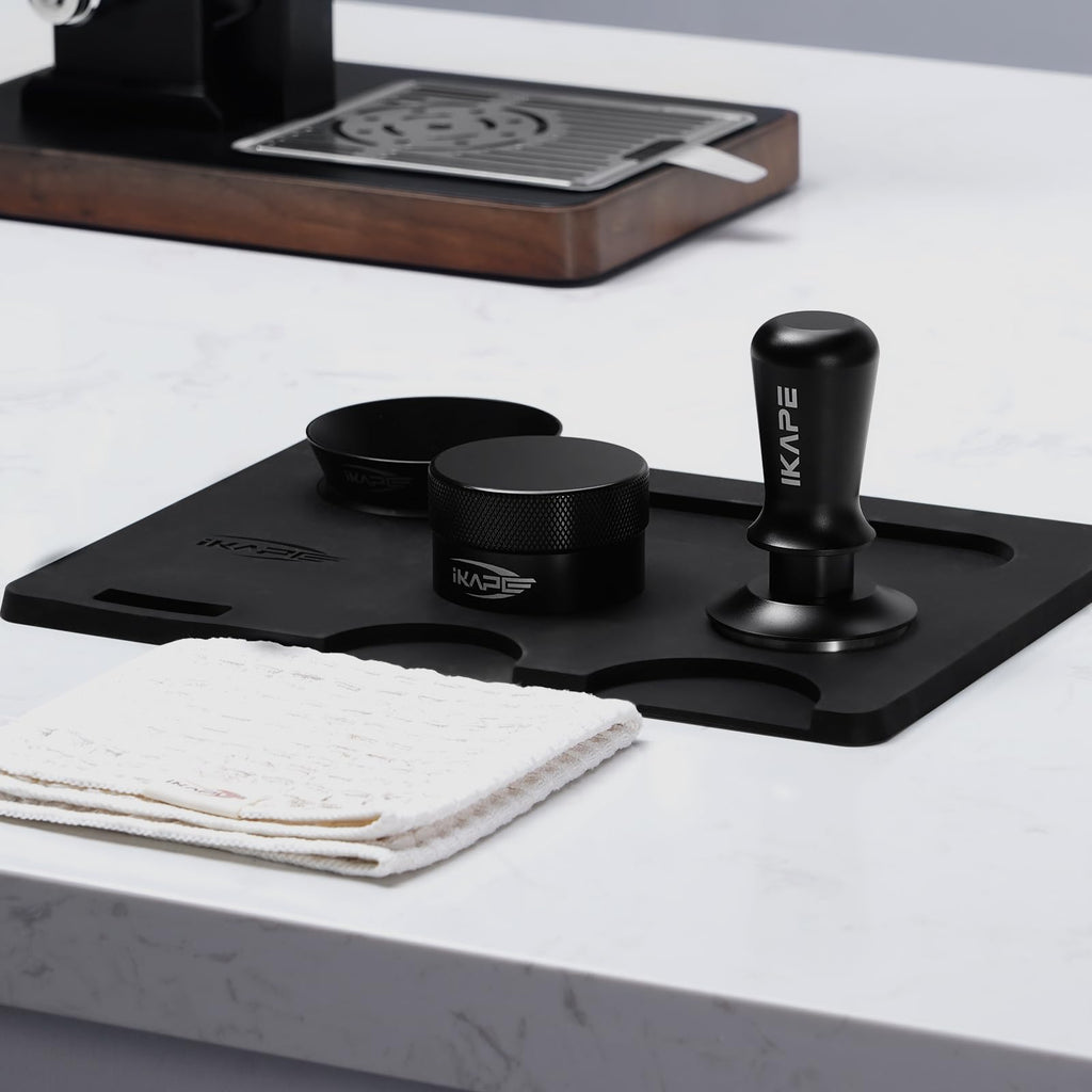IKAPE 53.3MM Espresso Tamper Kit Black 6 IN 1, Espresso Tool Kit with Coffee Tamper, Distributor, Magnetic Dosing Funnel, Silicone Mat, Puck Screen, Cleaning Towel