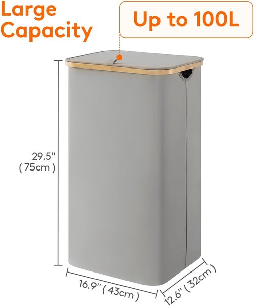 Lifewit 100L Laundry Basket - Foldable Clothes Hamper with Lid & Bamboo Handles | Silver Grey