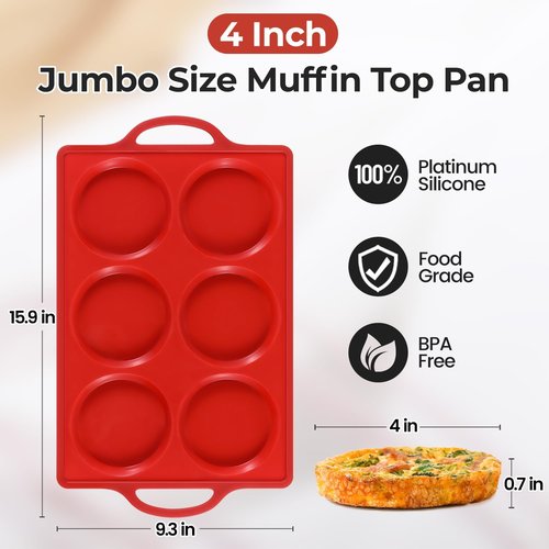 CAKETIME Non-Stick Muffin Top Pan - 4 Inch Silicone Baking Molds for English Muffins & Egg Bites | 3 Pack Red