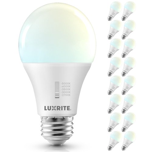 LUXRITE A19 LED Light Bulb 100 Watt Equivalent, CRI90, 5CCT Selectable 2700K 3000K 3500K 4000K 5000K, Dimmable, 1600LM, Standard LED Light Bulbs 15W, E26 Base, CEC Title 20, ETL Listed (16 Pack)