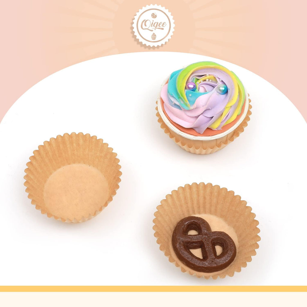 Qiqee 600 Pcs Natural Cupcake Liners - Food Grade Brown Muffin Baking Cups | No Smell, Standard Size