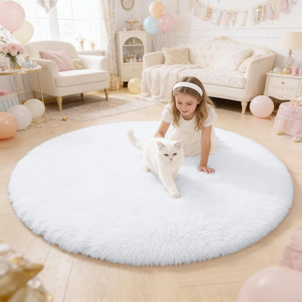 OLANLY Round White Area Rug - Soft, Fluffy, Machine Washable 4 ft Carpet for Bedroom & Living Room Decor
