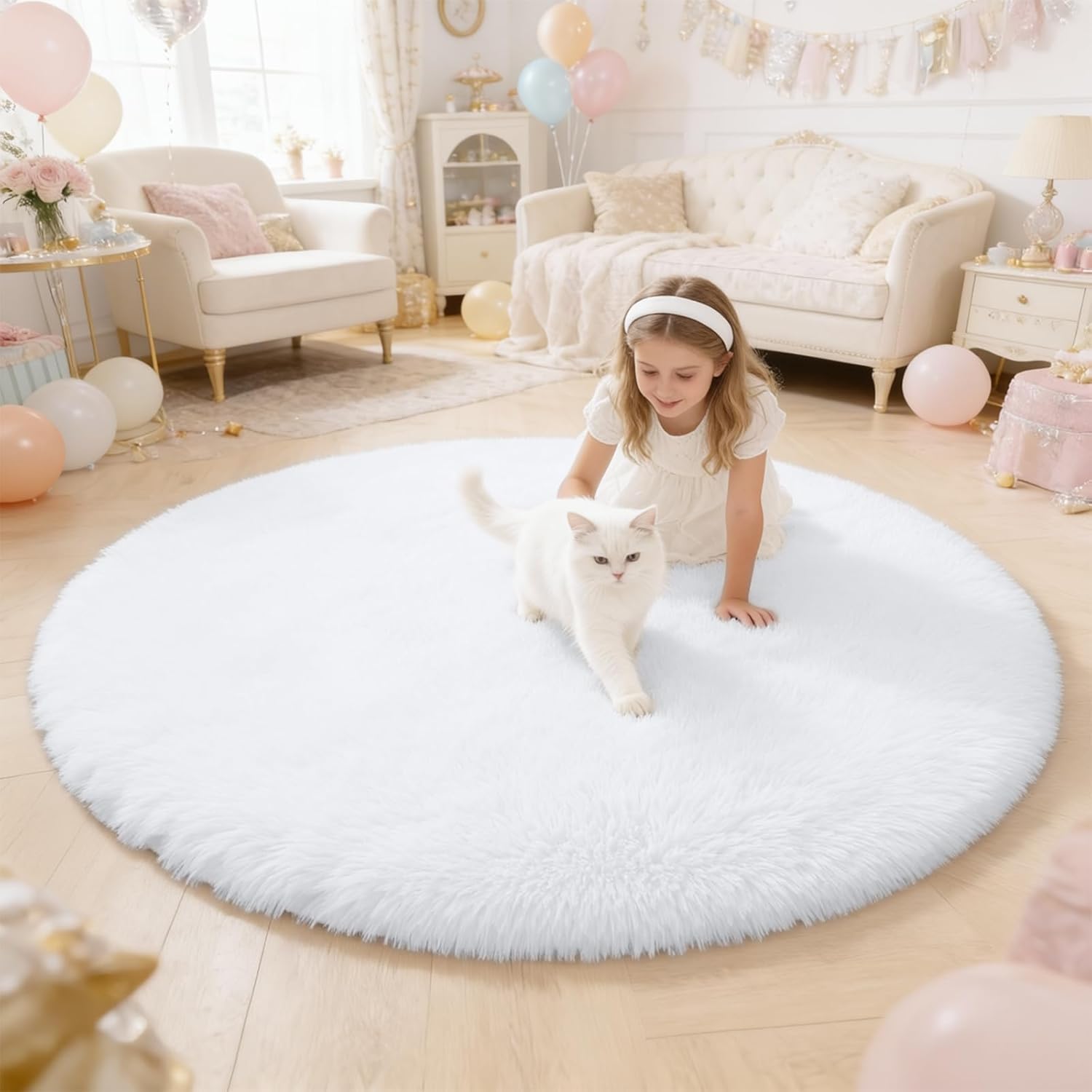 OLANLY Round White Area Rug - Soft, Fluffy, Machine Washable 4 ft Carpet for Bedroom & Living Room Decor