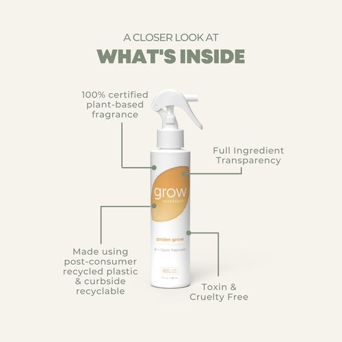 Grow Fragrance 100% Plant-Based Air Freshener Spray | Freshen Fabric & Rooms | Golden Grove Scent - Citrus, Fruits, Watery Green Notes | Made with Natural Essential Oils - 2 Pack, 5 oz each