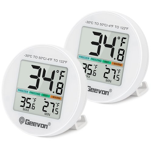 Geevon Small Digital Refrigerator Thermometer 2 Pack, IP65 Waterproof Commercial and Home Use, Max/Min Record Function with LCD Screen, Stand and Magnetic Back, for Fridge, Freezer Scenarios