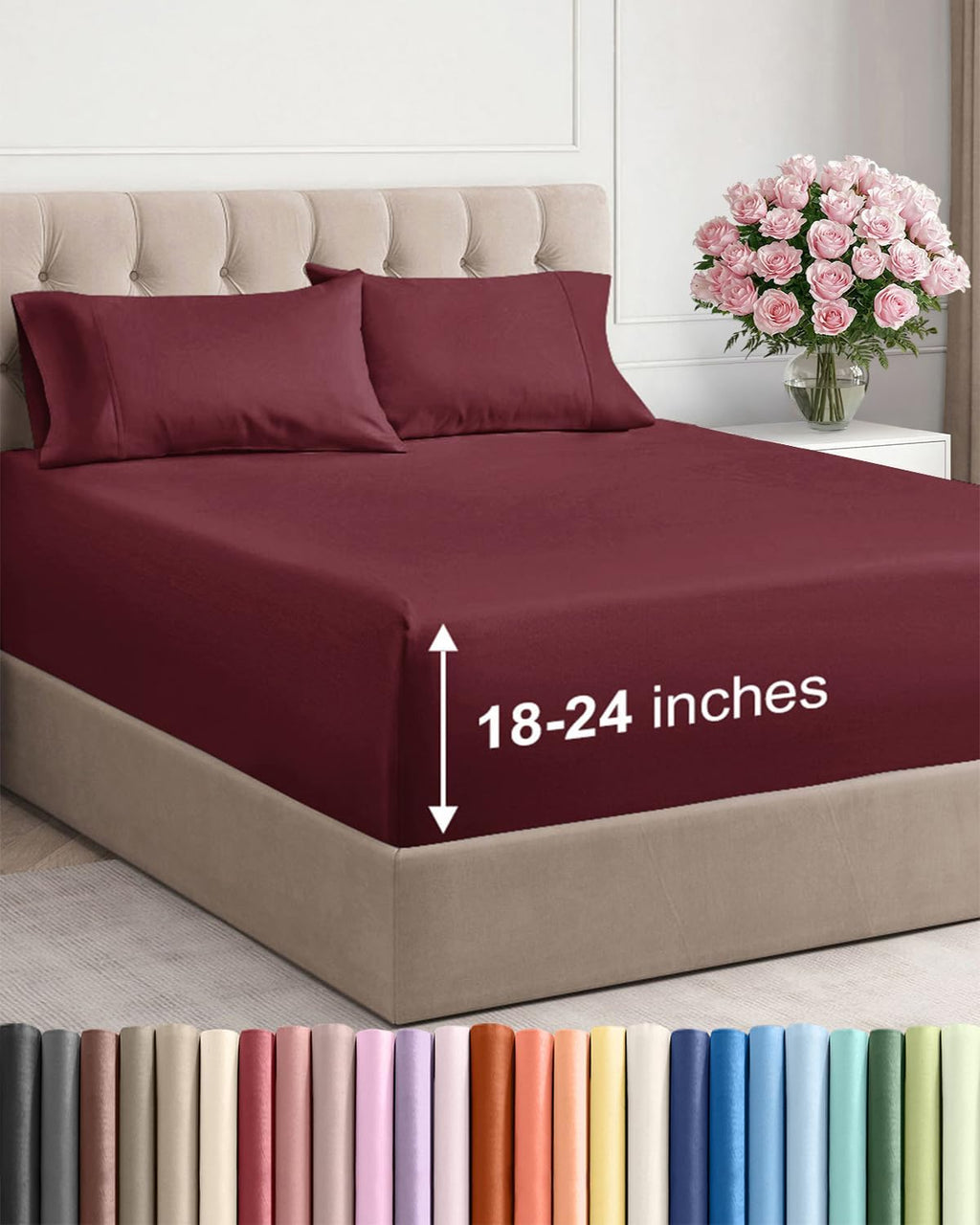 Skiennix Extra Deep Twin XL Sheet Set - 4 Piece Breathable Cooling Bedding - Soft, Wrinkle-Free, Burgundy