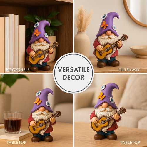 GoGnome Musical Gnome Figurine - Handcrafted 6.2" Tall Resin Garden Decoration with Guitar & Purple Hat
