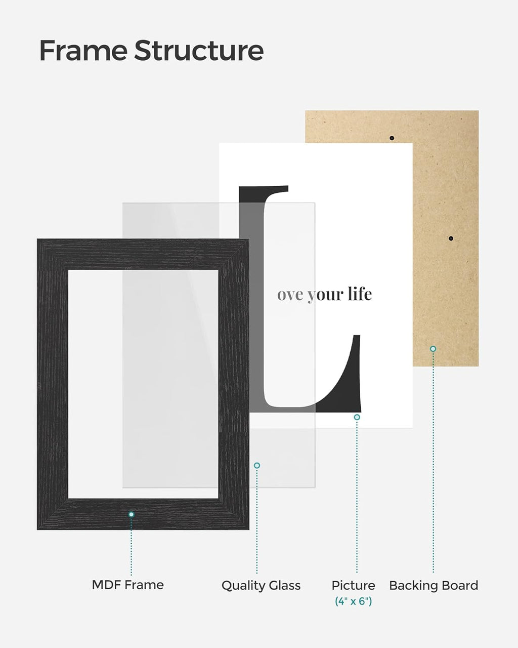 SONGMICS Collage Picture Frames - Set of 4, 4x6 Multi-Photo Wall Decor in Ink Black | Stylish Gallery Display