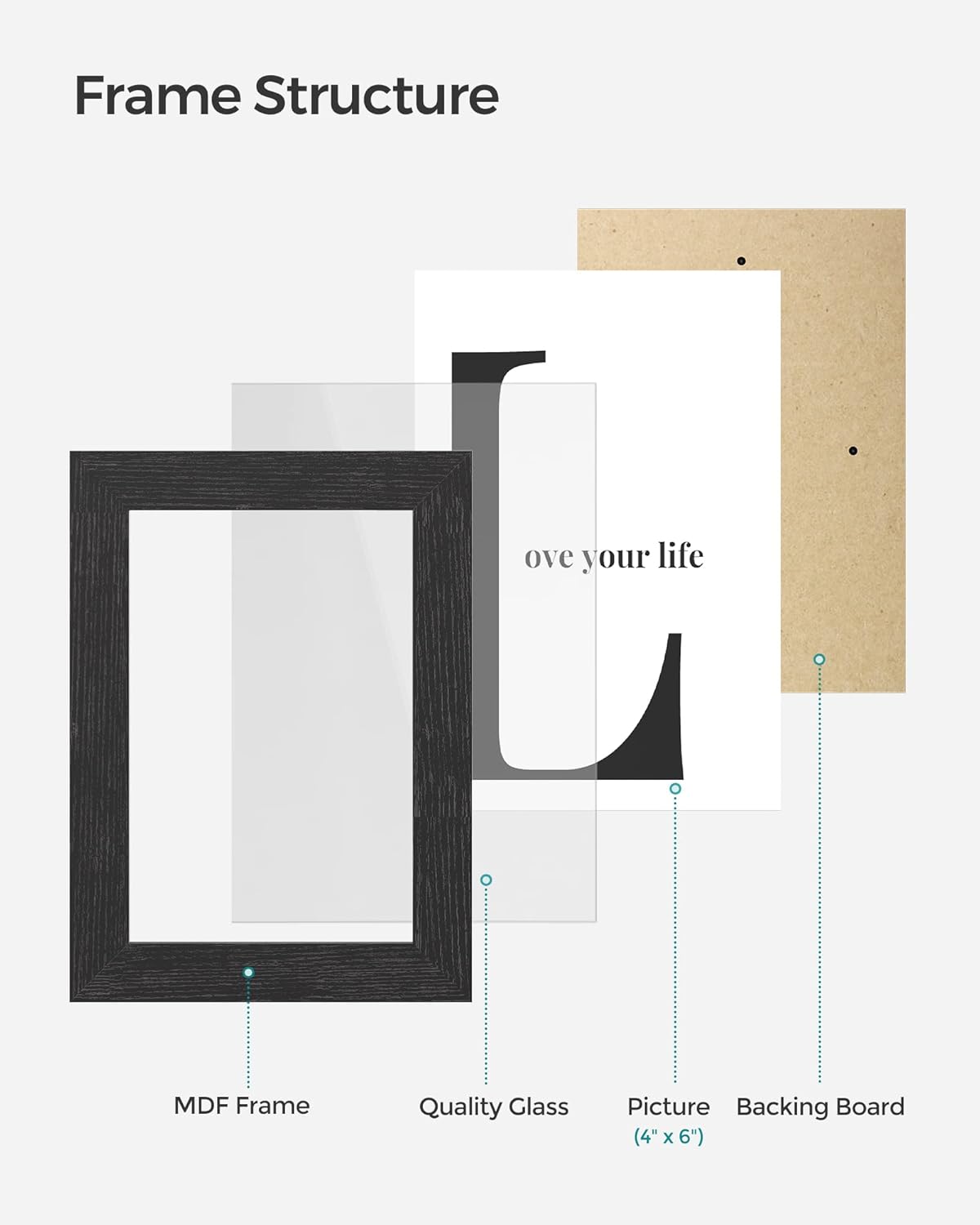 SONGMICS Collage Picture Frames - Set of 4, 4x6 Multi-Photo Wall Decor in Ink Black | Stylish Gallery Display