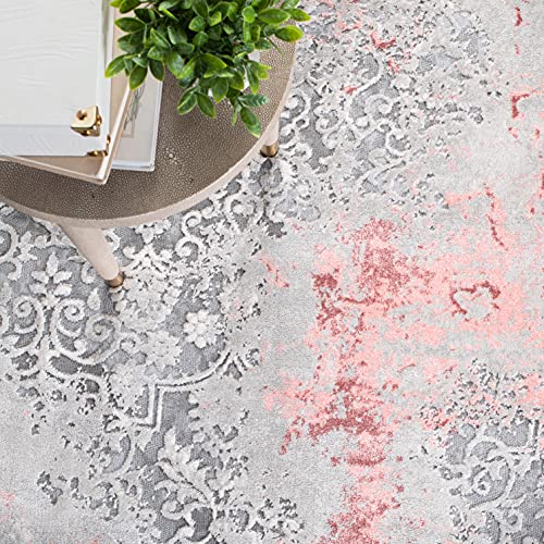 SAFAVIEH Meadow Collection Area Rug - 3' Square, Light Grey & Pink, Modern Abstract Design, Non-Shedding & Easy Care, Ideal for High Traffic Areas in Living Room, Bedroom (MDW573G)