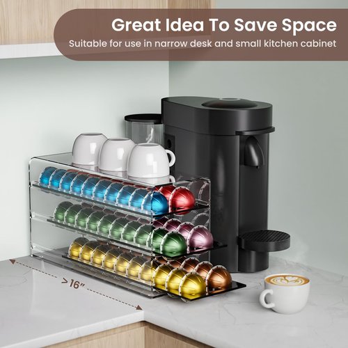 Acrylic Coffee Pod Drawer for Nespresso Vertuo Capsules, 3 Tier 60 Capacity Pods Organizer for Countertop Coffee Bar Home Office Kitchen