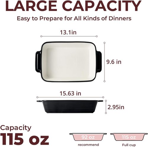 LIFVER Casserole Dish - 9x13 Ceramic Baking Dish | 115oz Large Lasagna Pan with Handles, Oven Safe, Black