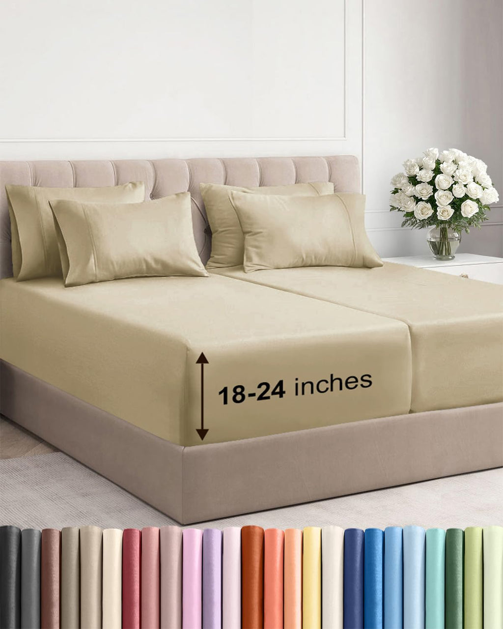 Skiennix Extra Deep Split King Sheet Set - 7 Piece Cooling Bedding - Soft, Wrinkle-Free & Comfy - Beige