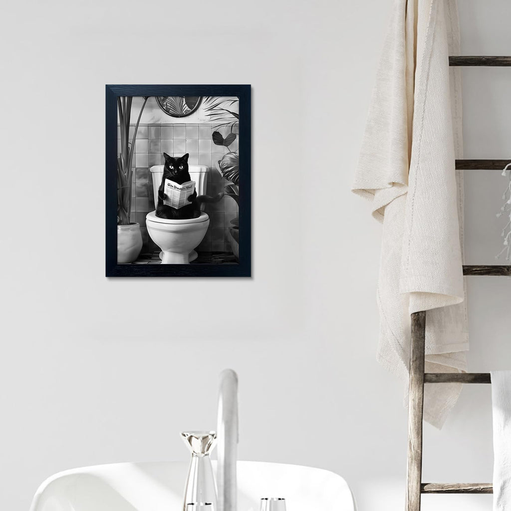 Skiennix Black Cat Bathroom Wall Art - Humorous Framed Canvas Print | Small Size, Black & White Design