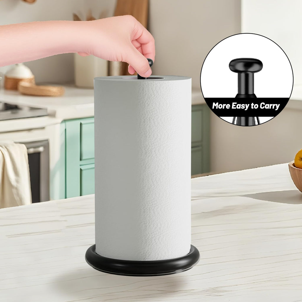 VEHHE Paper Towel Holder Countertop with Weighted Base, One-Handed Tear Paper Towel Holder with Damping Function and EVA Non-Slip Pad for Bathroom and Kitchen (Black)