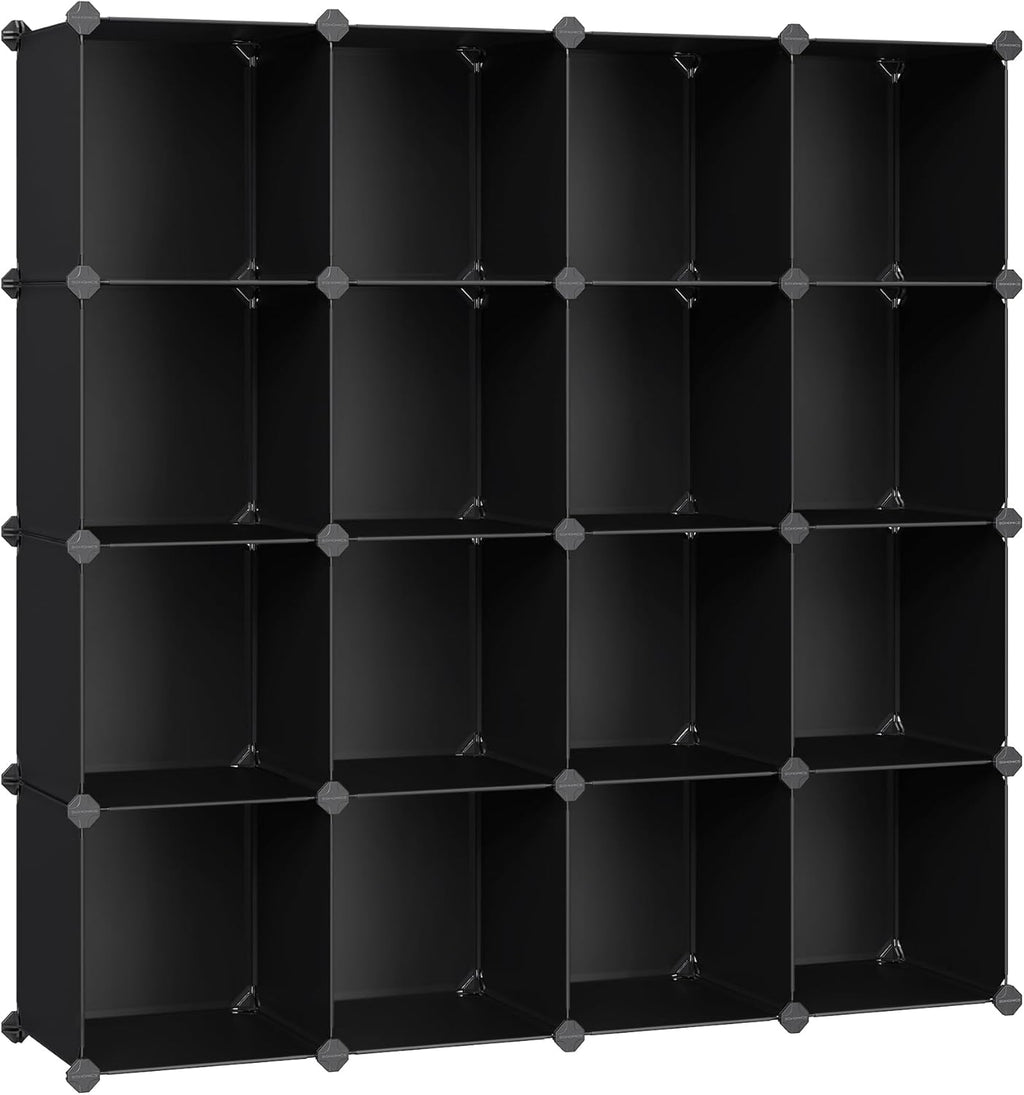 SONGMICS Cube Storage Organizer - Set of 16 Plastic Cubes for Room Organization | Black, 12.2 x 48.4 x 48.4 Inches