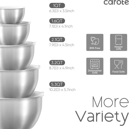 CAROTE Stainless Steel Mixing Bowls Set - 12 Pcs with Airtight Lids & Grater Attachments | Non-Slip Bottoms