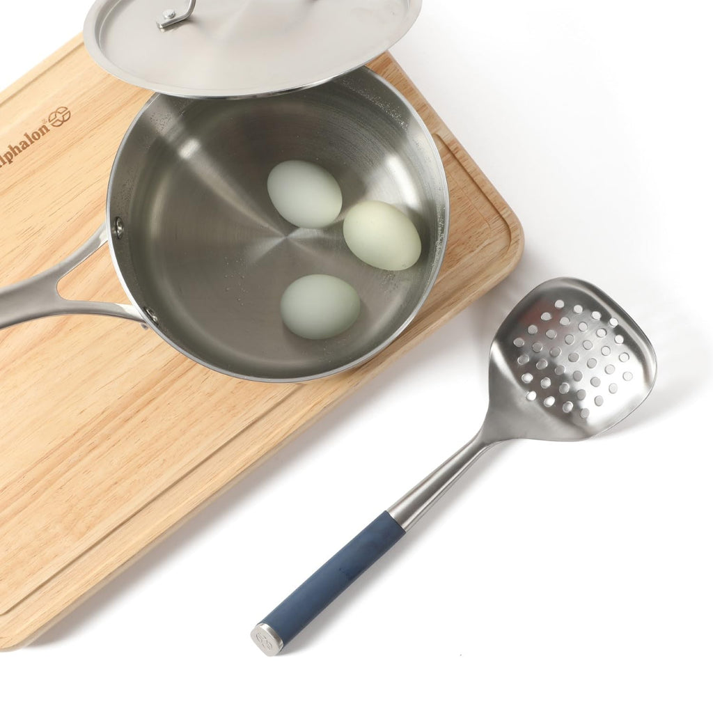 Calphalon Edge Stainless Steel Slotted Spoon/Skimmer, Kitchen Strainer Spoon, Skimmer with Silicone Heat Resistance Handle, Slotted Cooking Tool for Draining and Skimming (Blue)