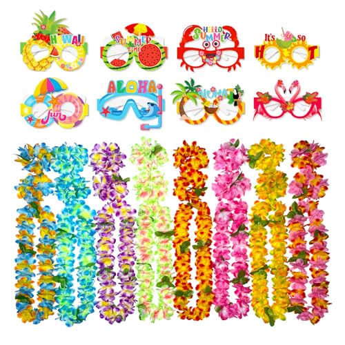 32PCS Hawaiian Luau Party Set - Red Floral Leis, Wristbands & Photo Glasses