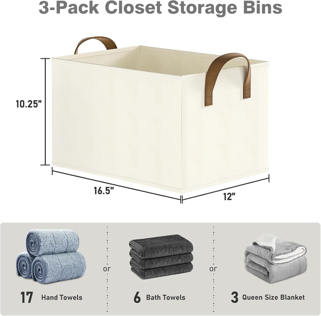 Regine Switzerland Closet Storage Bins - Fabric Organizers for Shelves | Collapsible Beige Baskets, 3 Pack