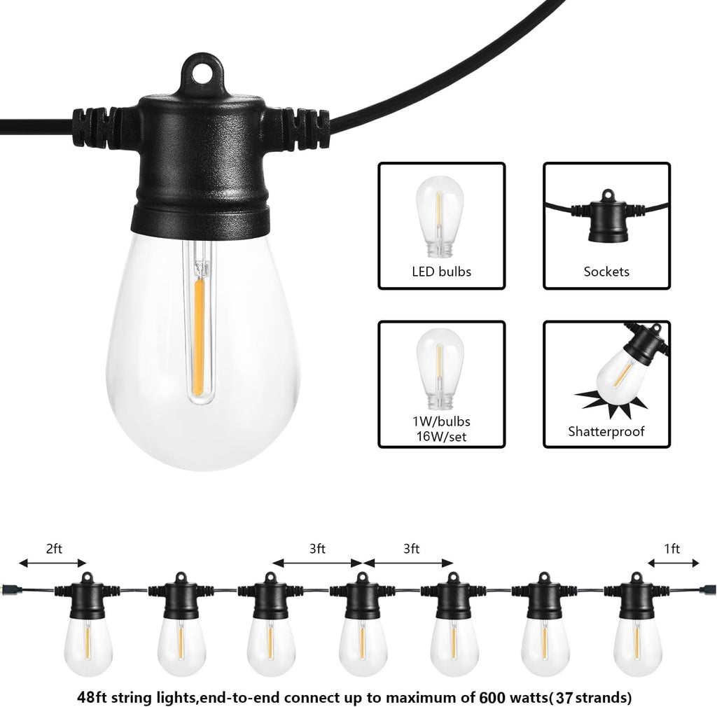 SUNTHIN Outdoor String Lights - 48FT Patio Lights with 16 Shatterproof LED Bulbs for Garden & Parties