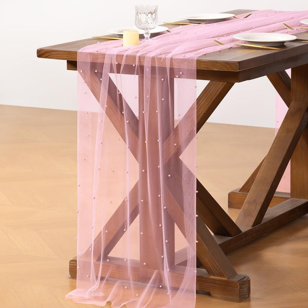 Socomi Pearl Table Runner - Tulle Pink Gauze for Spring & Easter | 10FT Dining & Party Decor