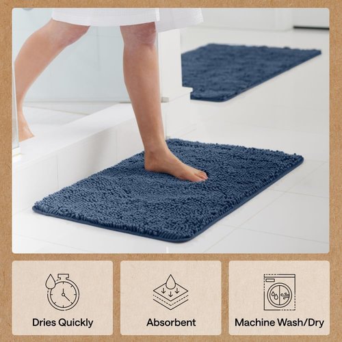 GORILLA GRIP Bath Rug Mat - Soft Absorbent Chenille | Quick-Dry Microfiber, 48x17, Navy