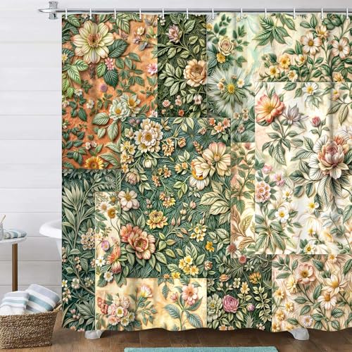 JAWO Floral Shower Curtain, Yellow Botanical Bathroom Decor 69x70 Inch