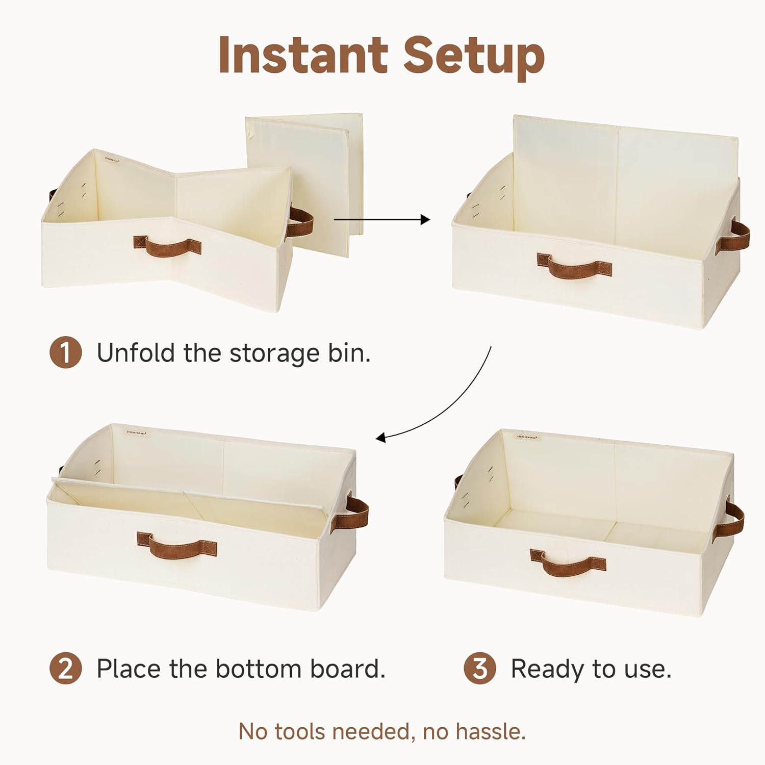 StorageWorks Trapezoid Storage Bins - Large Ivory White Fabric Closet Organizers | 3-Pack for Clothes, Toys, Towels