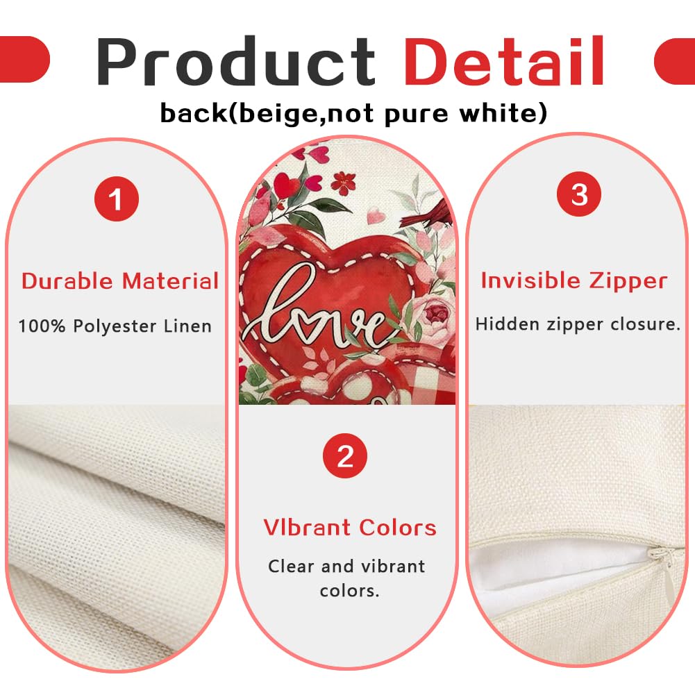 RABUSOFA Valentines Love Heart Pillow Covers 18x18 Inch Set of 2, Pink Rose Red White Outdoor Romantic Holiday Party Cushion Cases Valentine Decoration for The Home Sofa Indoor (Red, 18" x 18")