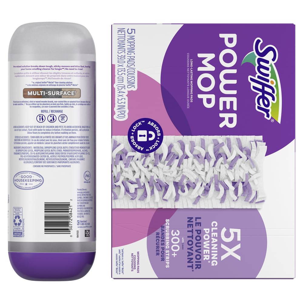 Swiffer Power Mop Refill Pack, Floor Cleaner for Mopping Tile, Vinyl, Laminate, Wood in Home, Bathroom, Kitchen, All Purpose Multi-Surface Cleaning, 5 Pads + 1 Lavender Solution