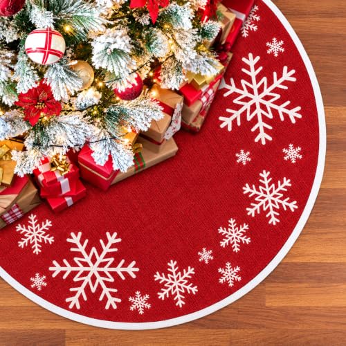 30 Inch Red Christmas Tree Skirt with White Snowflake Pattern - Holiday Home Decor