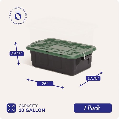 HOMZ 10-Gallon Stackable Storage Bins - Durable Plastic Containers with Latching Handles | Black/Green, 2-Pack