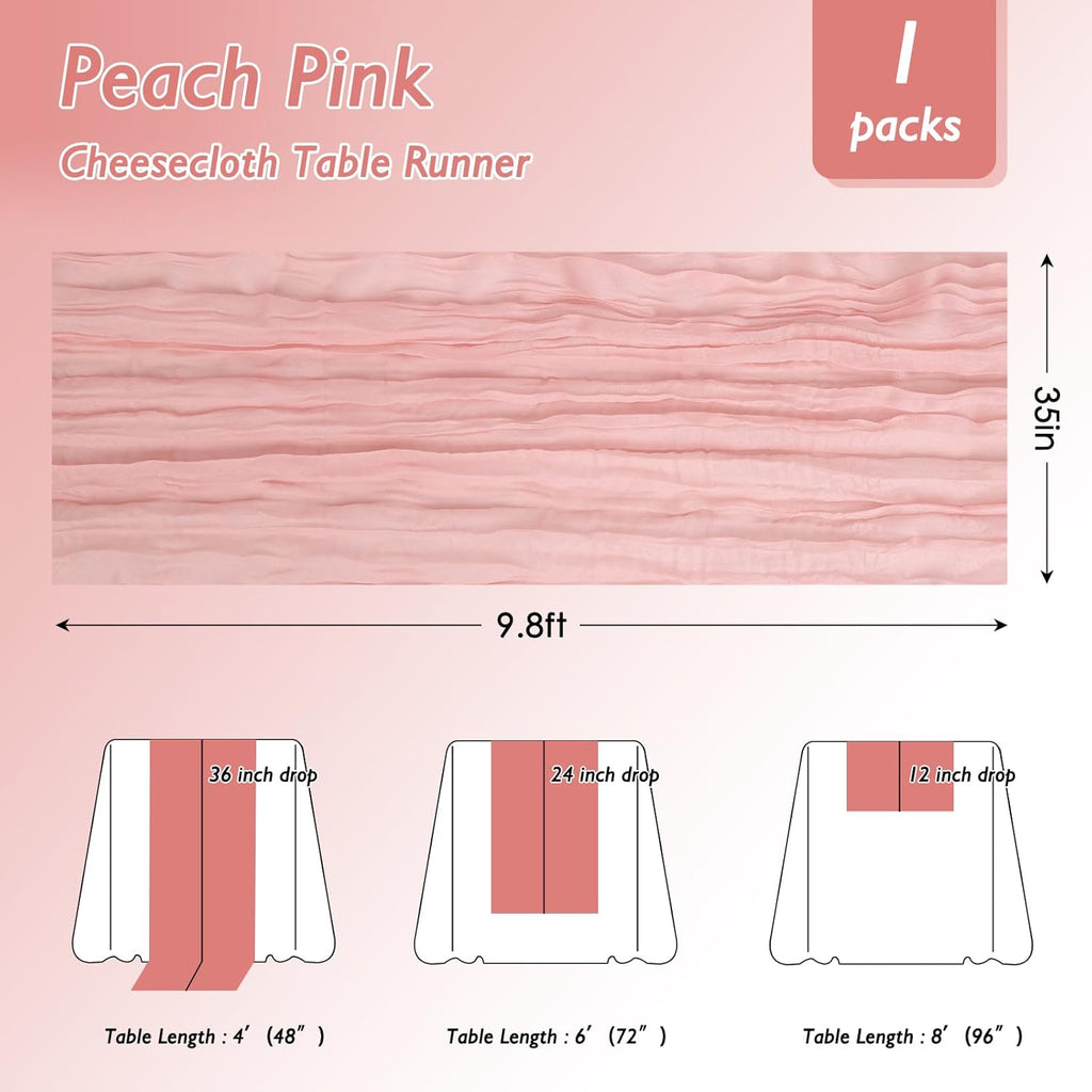 Peach Pink Cheesecloth Table Runner - 35x120 Inch for Baby Showers, Weddings & Parties