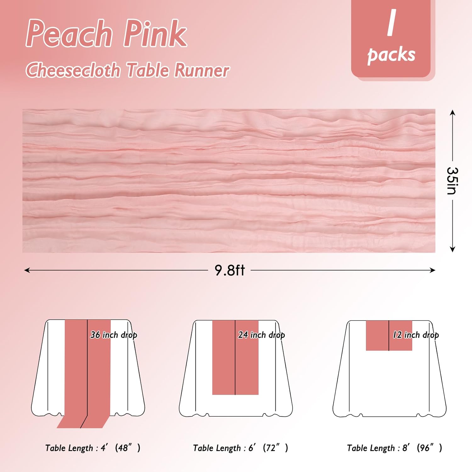 Peach Pink Cheesecloth Table Runner - 35x120 Inch for Baby Showers, Weddings & Parties
