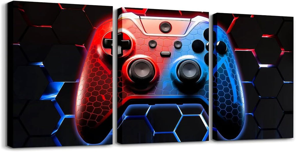Manfei Games Canvas Wall Art - Set of 3 Honeycomb Gamepad Prints | Modern Gamer Decor for Kids' Rooms
