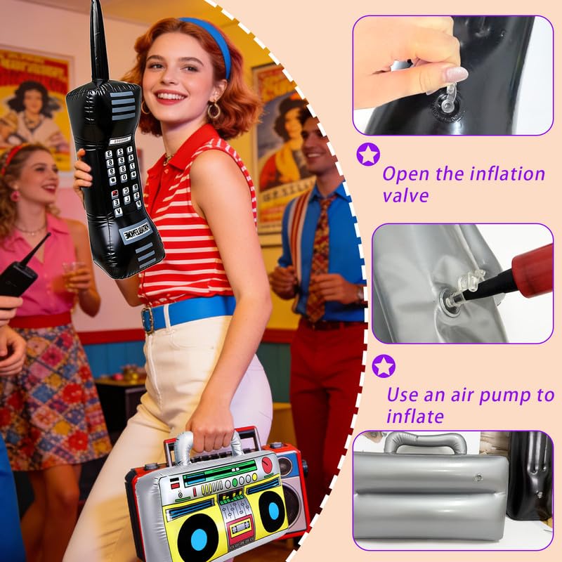 2PCS Inflatable Retro Mobile Phone & Boombox Party Props for 80s 90s Theme Decor