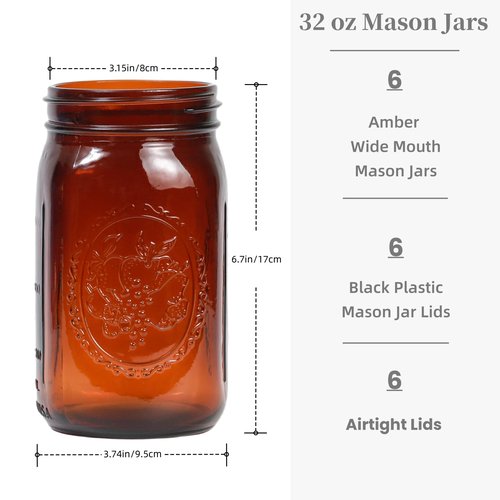 Yodecy 6 Pack 32 oz Amber Wide Mouth Mason Jars with Airtight Lids and Black Plastic Mason Jar Lids, Amber Canning Jars