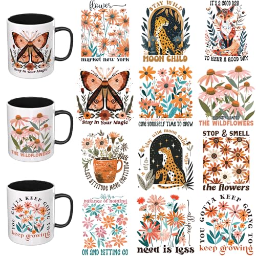 12PCS Boho Retro Flower UV DTF Stickers for Mugs & Tumblers