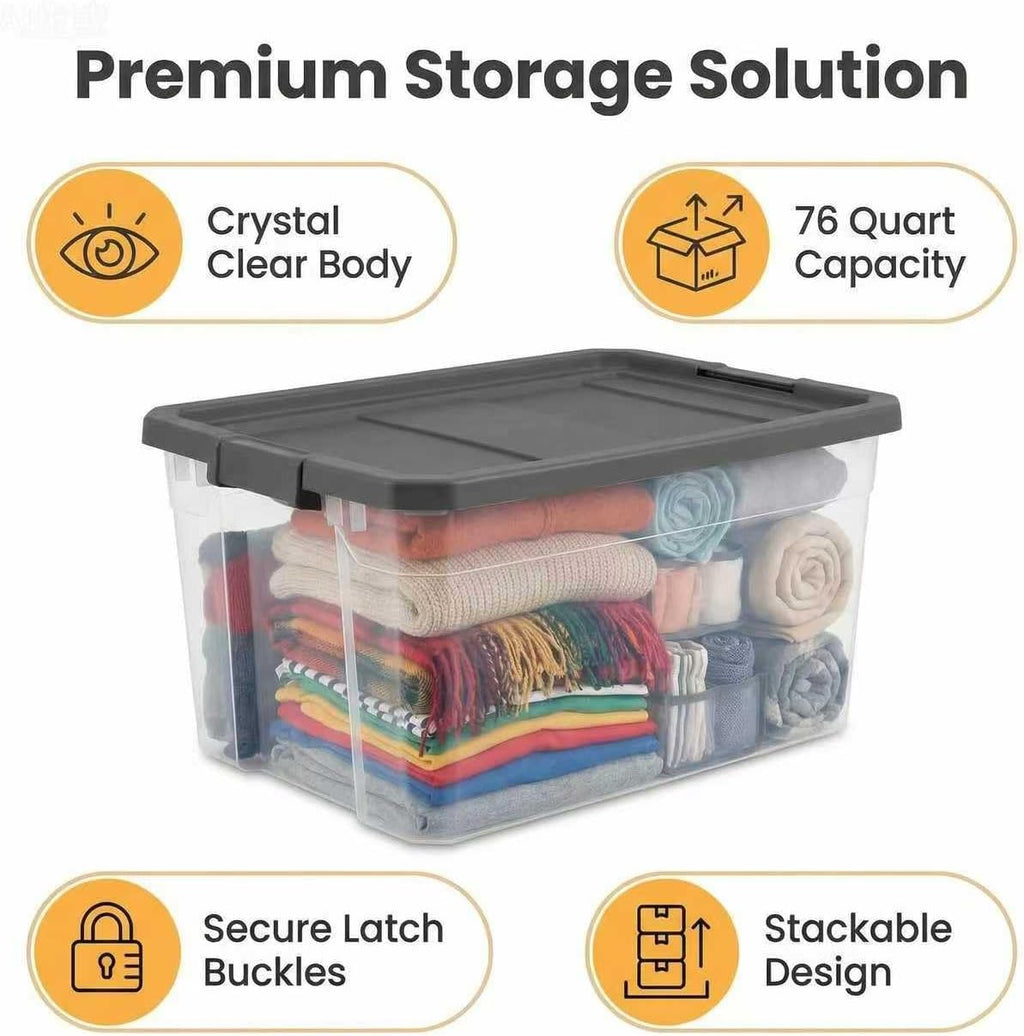 Regine Switzerland 76 Quart Durable Clear Plastic Storage Bins - Latch Lid, Dark Gray | Ideal for Office & Garage Organization