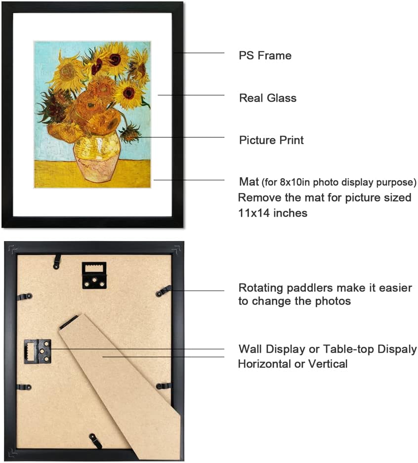 Skiennix 11x14 Picture Frame Set of 6 - Real Glass for 8x10 Photos with Mat or 11x14 Without Mat | Black Display Frames